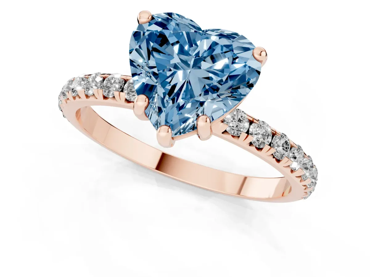 Fancy Blue Heart Cut Cut Diamond Solitaire Ring with Micro Pave Band and Four Prong Setting Rose gold