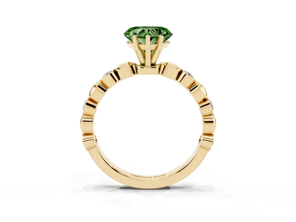 Fancy Green Heart Cut Solitaire Bezel-Set Diamond Ring with Beaded Band and Four-Prong Setting Yellow gold