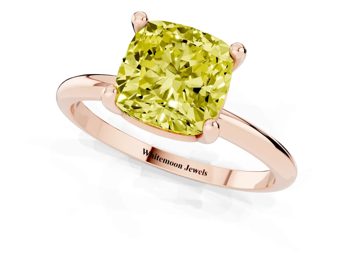 Fancy Yellow Cushion Cut Solitaire Diamond Ring with 4-Prong Setting on a Classic Band Rose gold