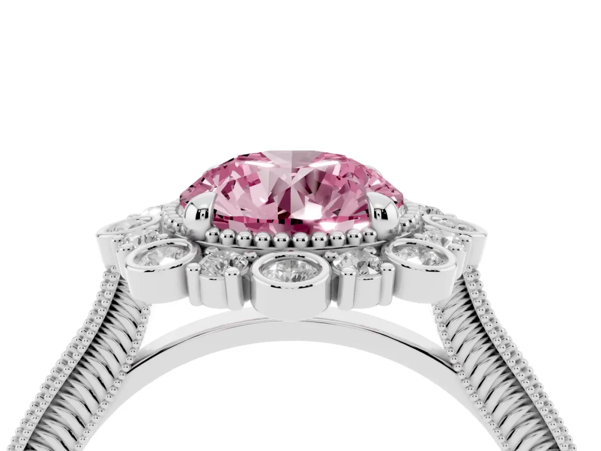 Fancy Pink Round Cut Halo Milgrain Pave Diamond Ring with Four-Prong Setting Silver