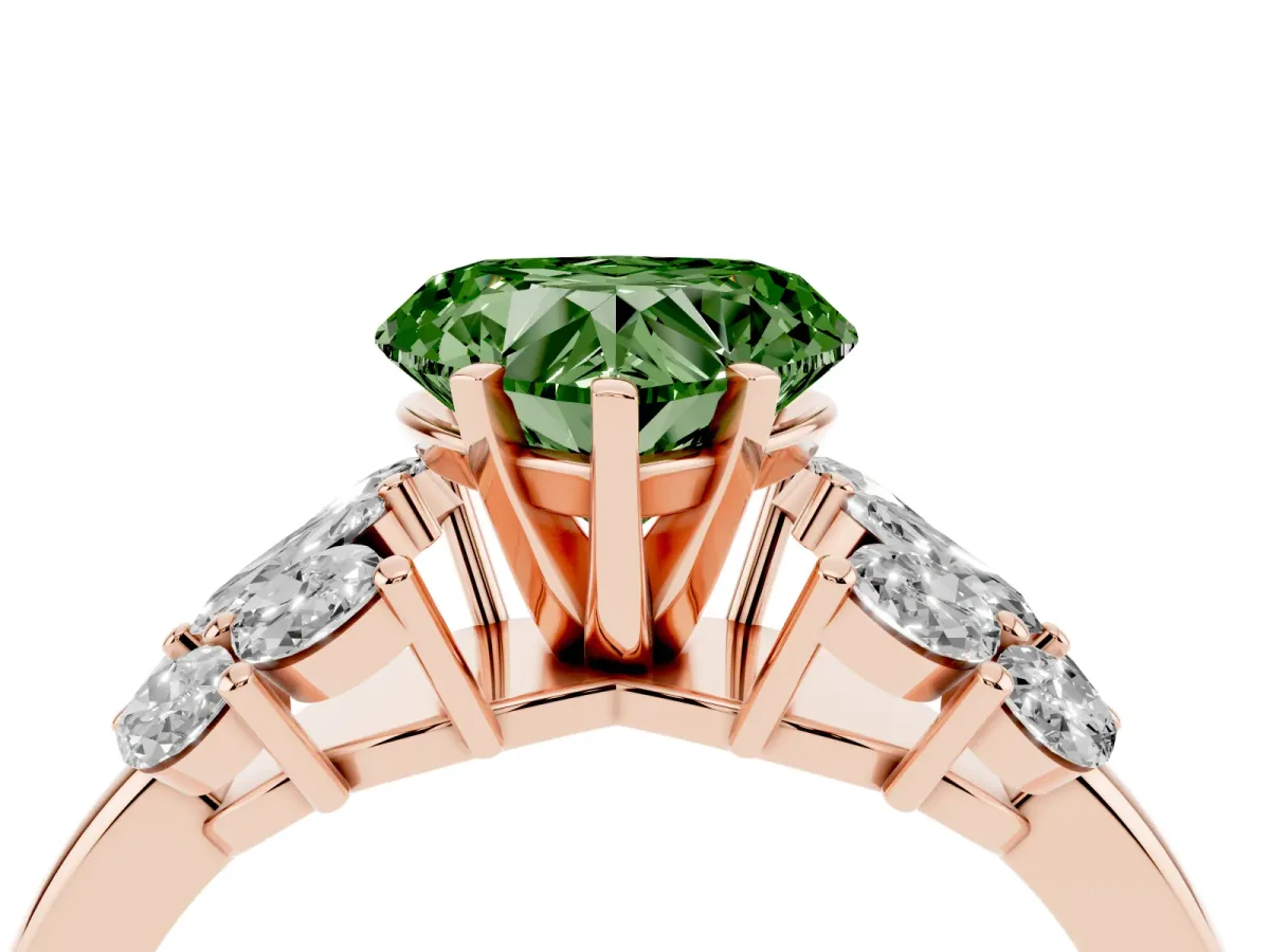 Fancy Green Heart Cut Diamond Cluster Leaf Design Ring with Prong Setting Rose gold