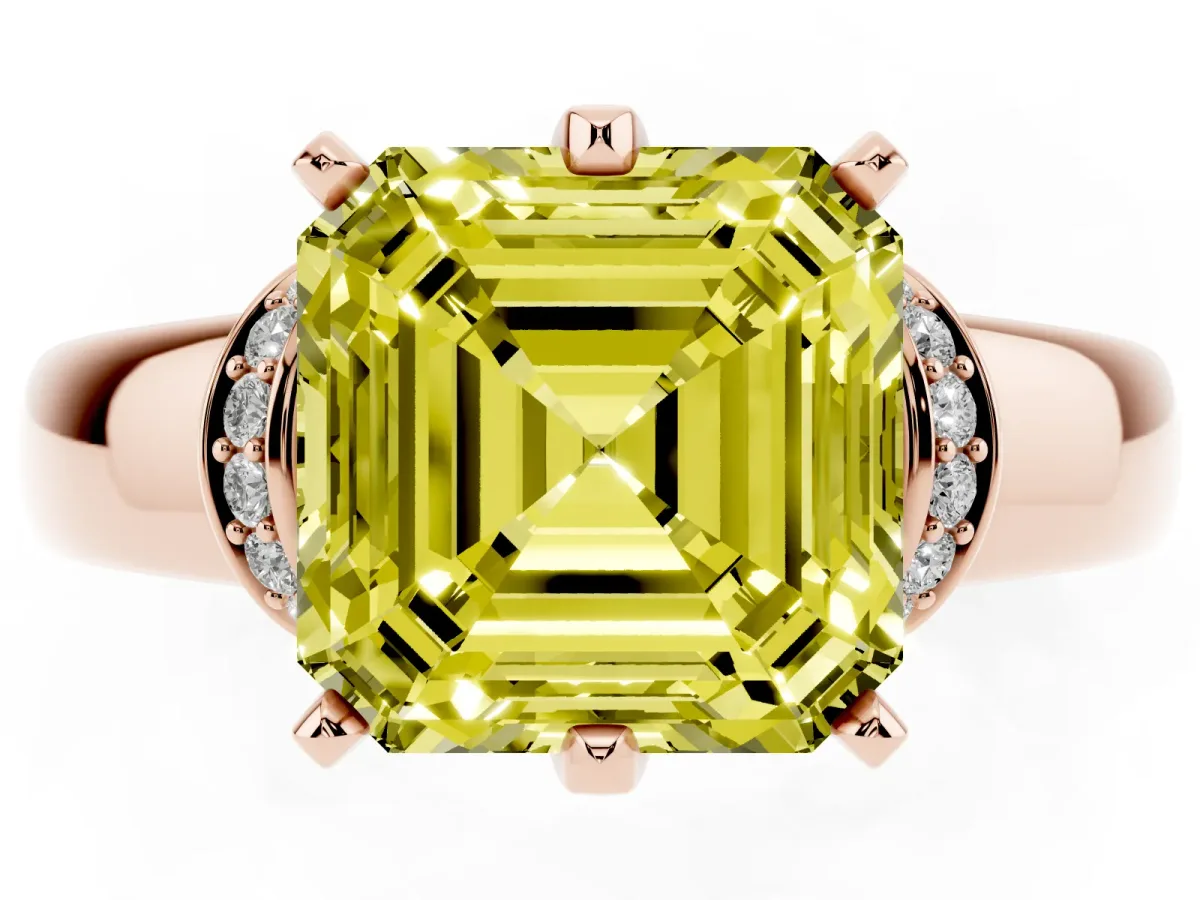 Fancy Yellow Asscher Cut Solitaire Diamond Ring with Pave Band and Six-Prong Setting Rose gold