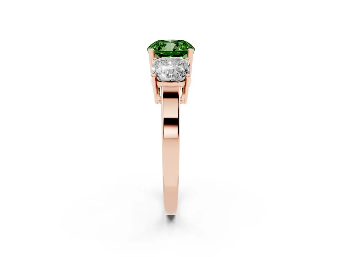Fancy Green Three-Stone Cushion Cut Cut Diamond Engagement Ring with Flat Band and Four-Prong Setting Rose gold