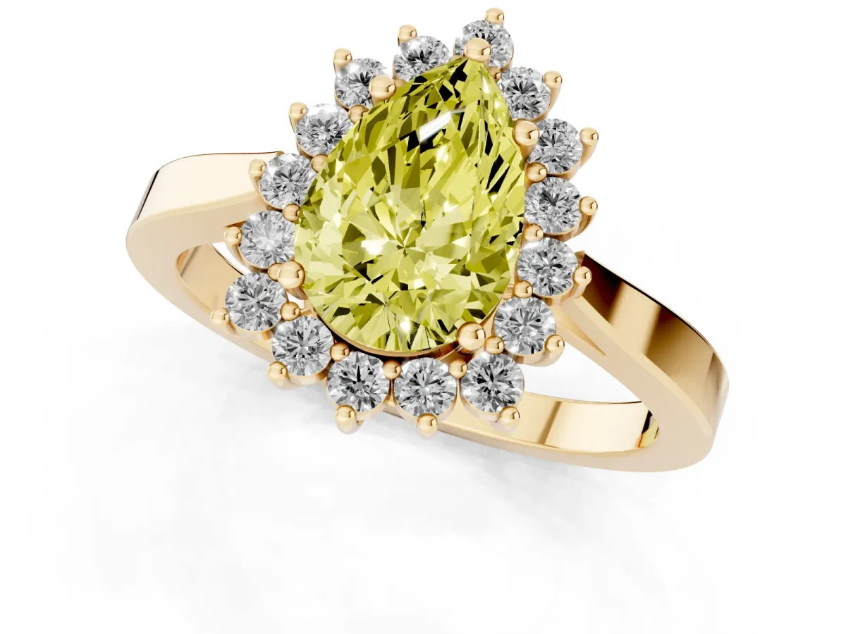 Fancy Yellow Pear Cut Cut Diamond Halo Ring with Round Brilliant Halo and Solitaire Band Yellow gold