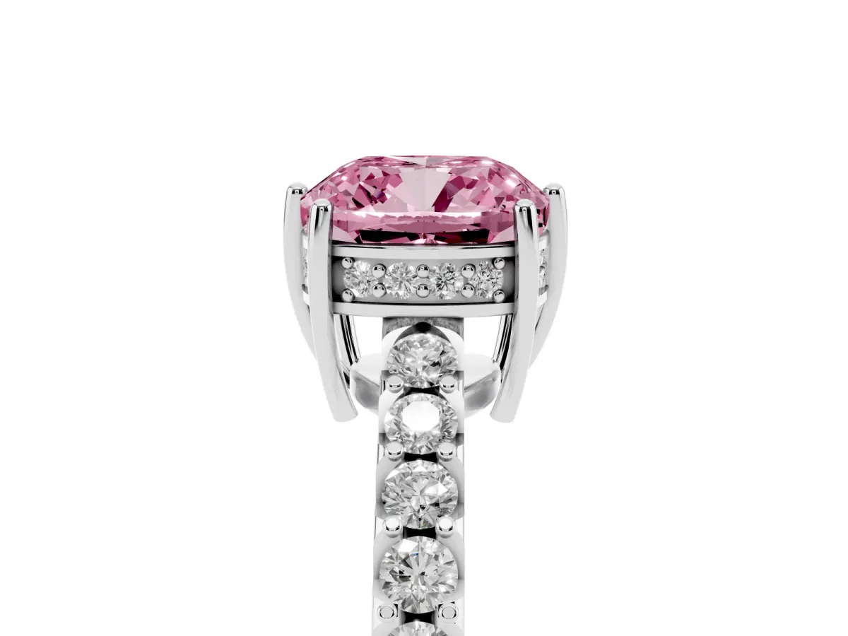 Fancy Pink Cushion Cut Solitaire Diamond Engagement Ring with Pavé Band and Six-Prong Setting White gold