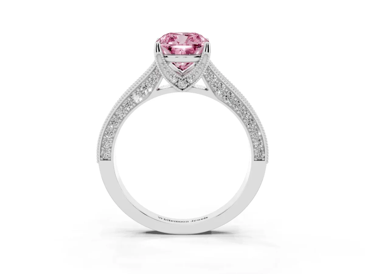 Fancy Pink Cushion Cut Cut Diamond Solitaire Ring with Milgrain Pave Band and Four Prong Setting Platinum