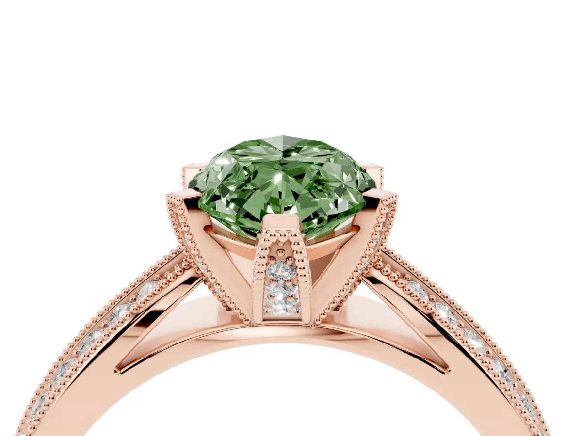Fancy Green Marquise Cut Diamond Solitaire Ring with Milgrain Round Pavé Band and Prong Setting Rose gold