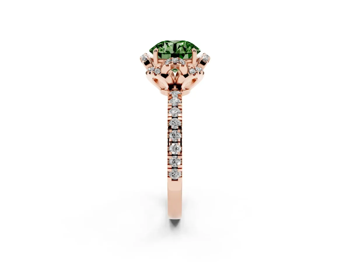 Fancy Green Round Cut Halo Diamond Pave Band Ring with Four-Prong Setting Rose gold