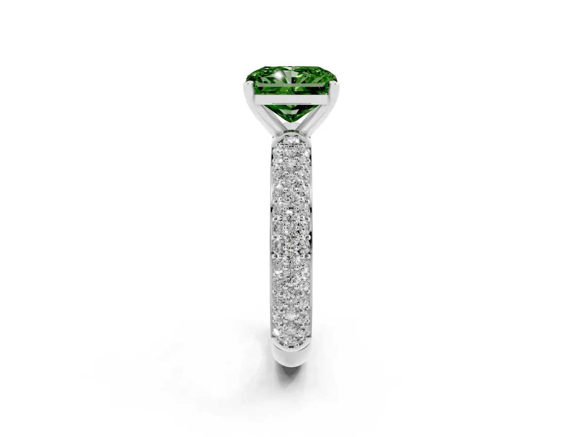 Fancy Green Radiant Cut Diamond Solitaire Ring with Prong Setting and Pavé Band Silver
