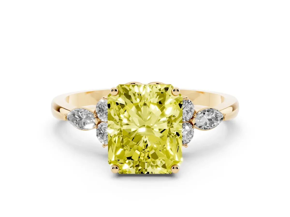 Fancy Yellow Radiant Cut Brilliant Diamond Solitaire Ring with Pear Side Stones and Four-Prong Setting Yellow gold