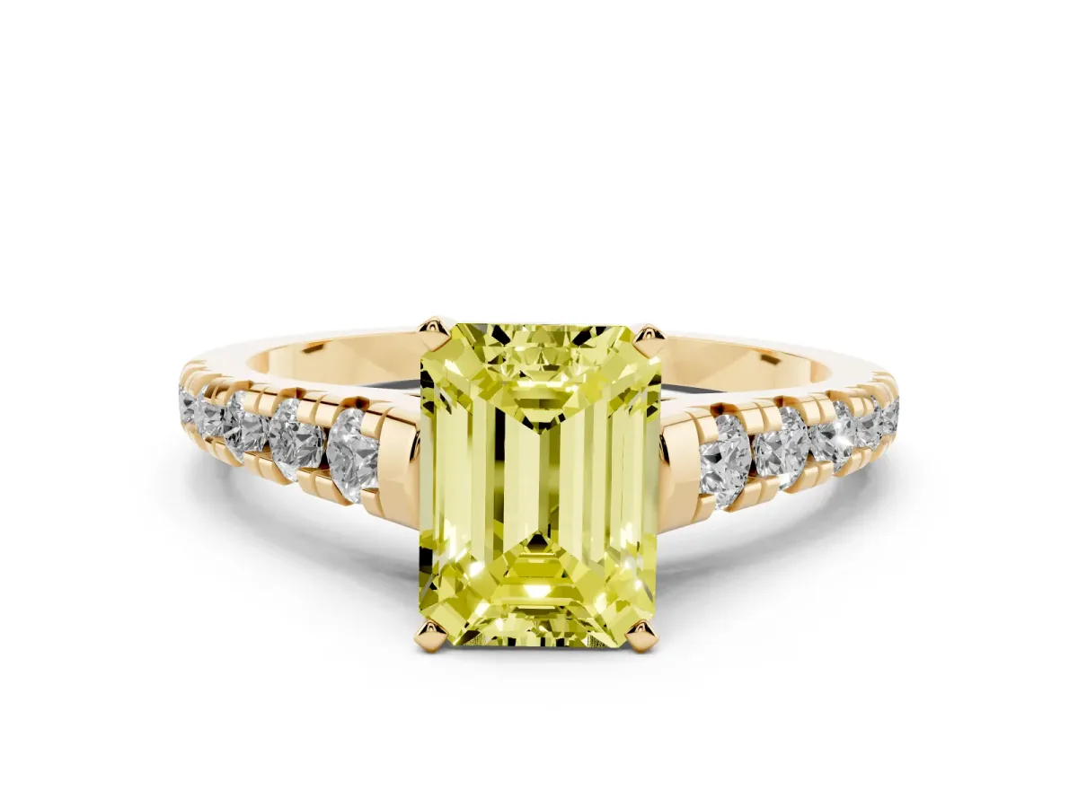 Fancy Yellow Emerald Cut Diamond Cathedral Solitaire Ring with Round Pavé Band Yellow gold