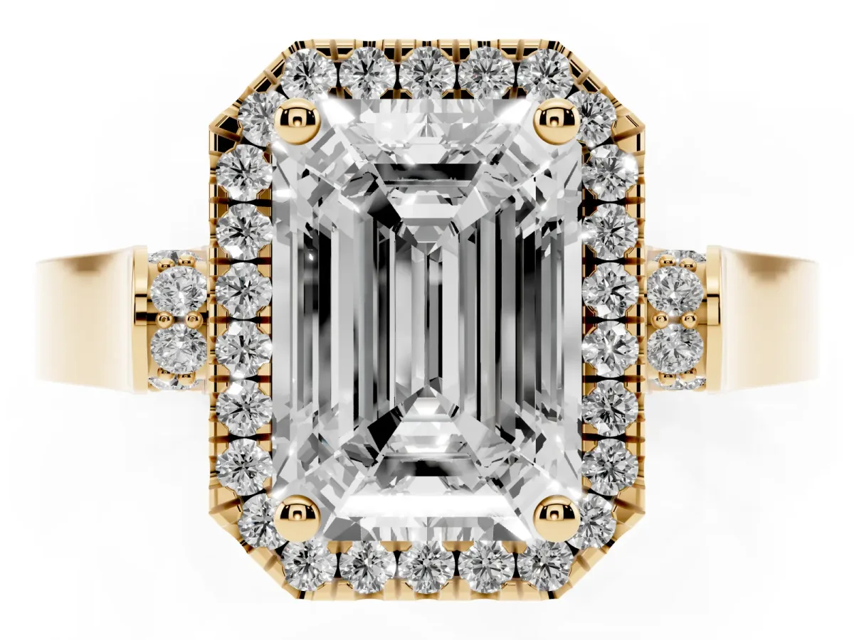 Emerald Cut Halo Round Diamond Twist Band with Four-Prong Setting Yellow gold