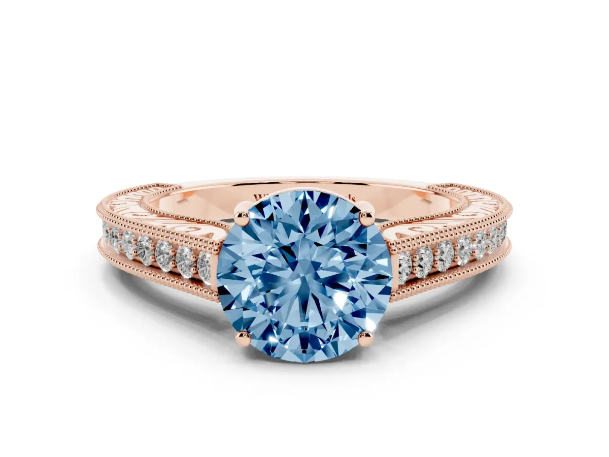 Fancy Blue Round Cut Cut Pave Band Milgrain Solitaire Ring Rose gold