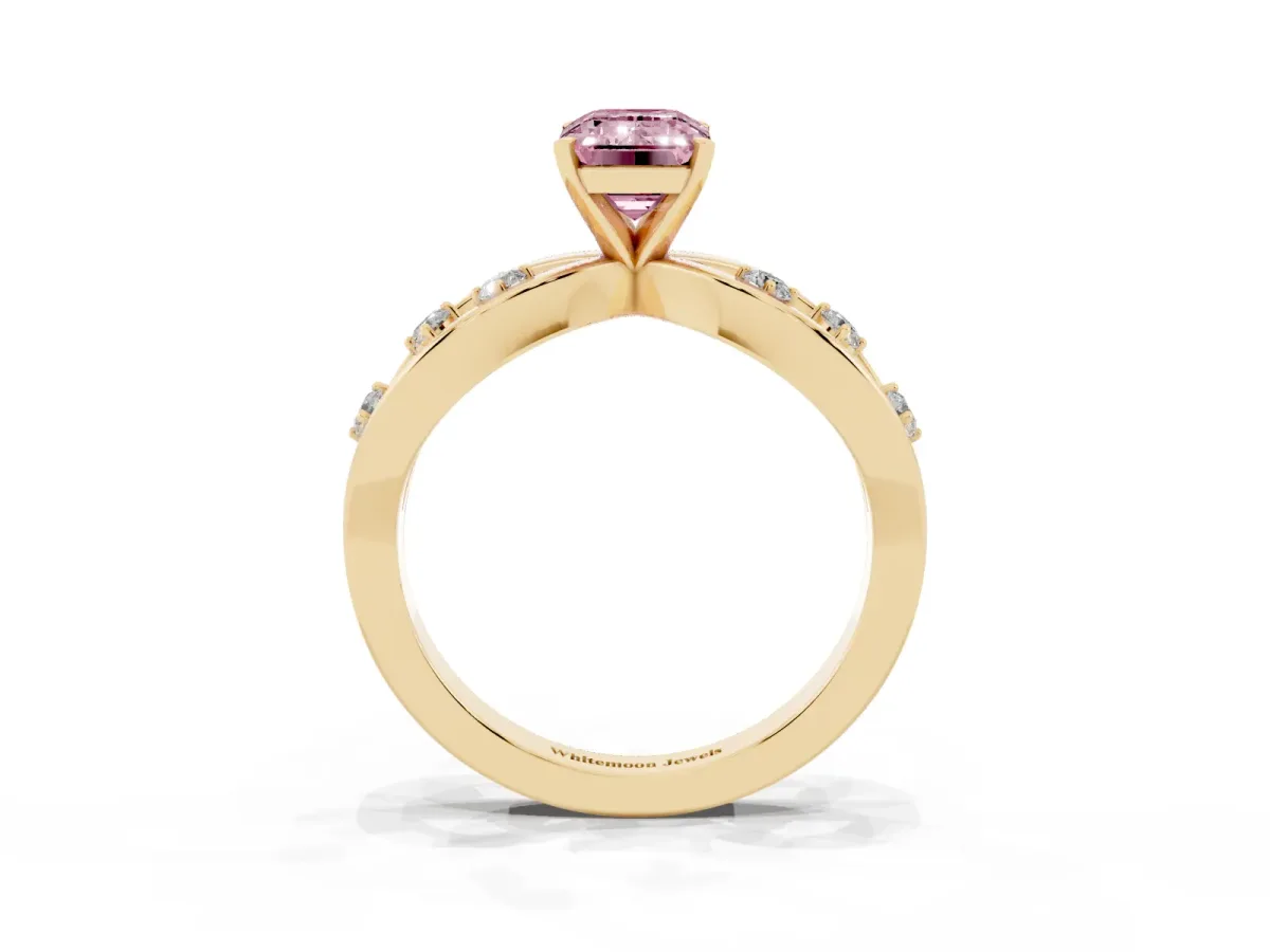 Fancy Pink Emerald Cut Cut Solitaire Diamond with Side Stones on Criss-Cross Band and Four-Prong Setting Yellow gold