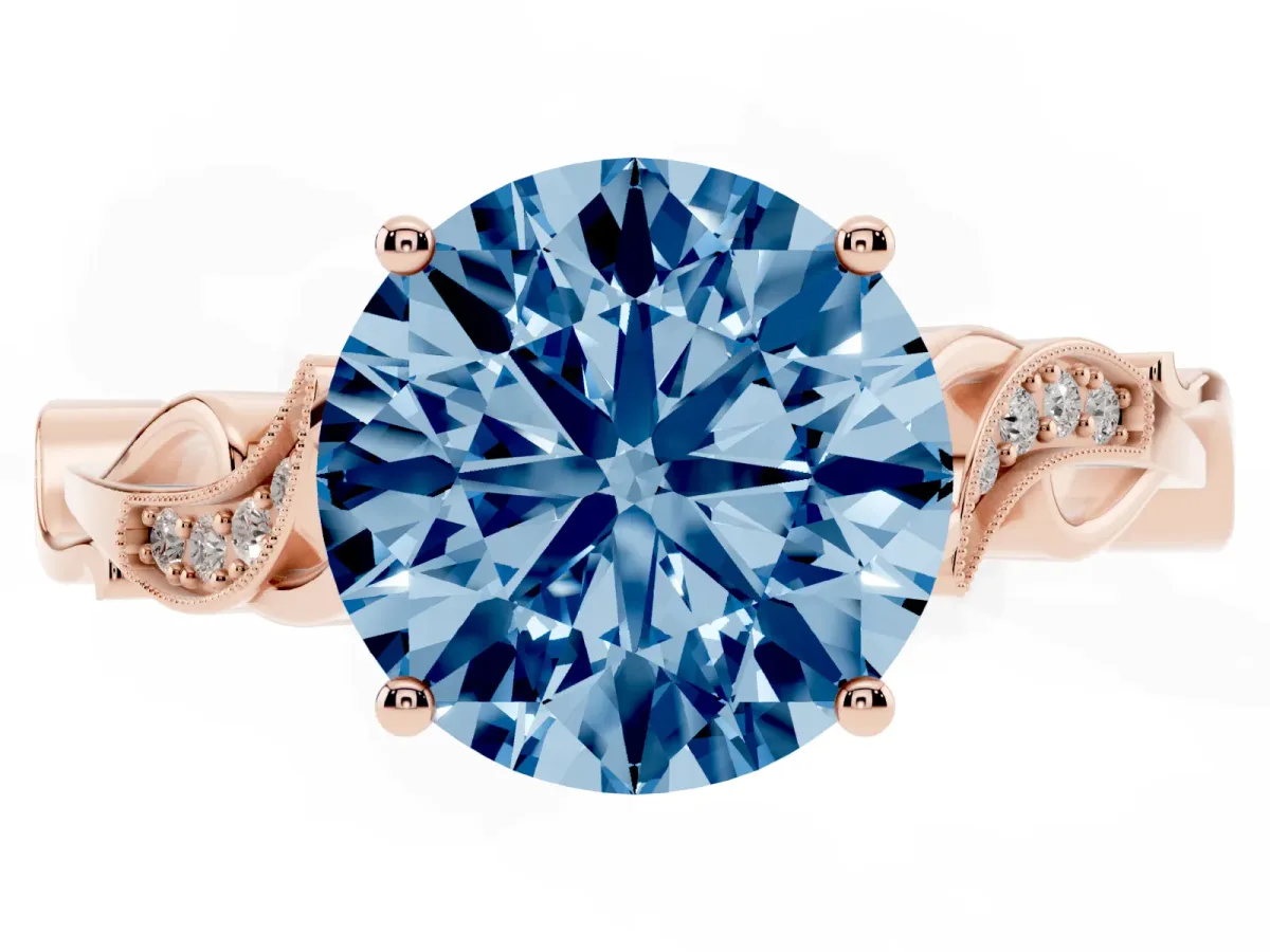 Fancy Blue Round Cut Solitaire Vine Band with Milgrain Prong Setting Rose gold