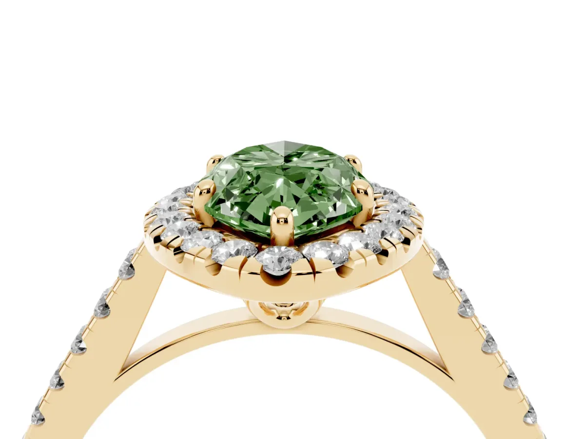 Fancy Green Marquise Cut Halo Pavé Diamond Engagement Ring with Four-Prong Setting Yellow gold