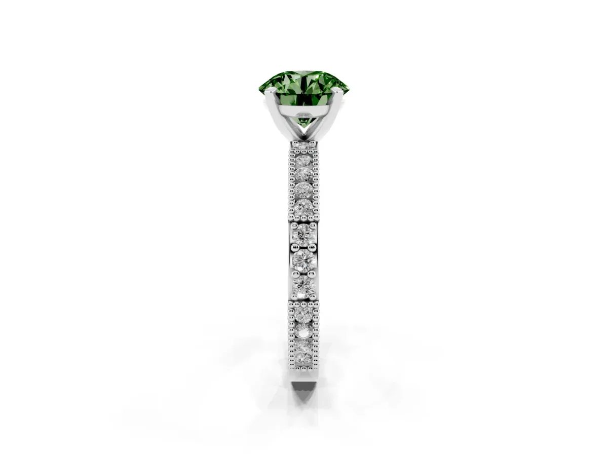 Fancy Green Round Cut Solitaire with Pavé Band and Four-Prong Setting Silver