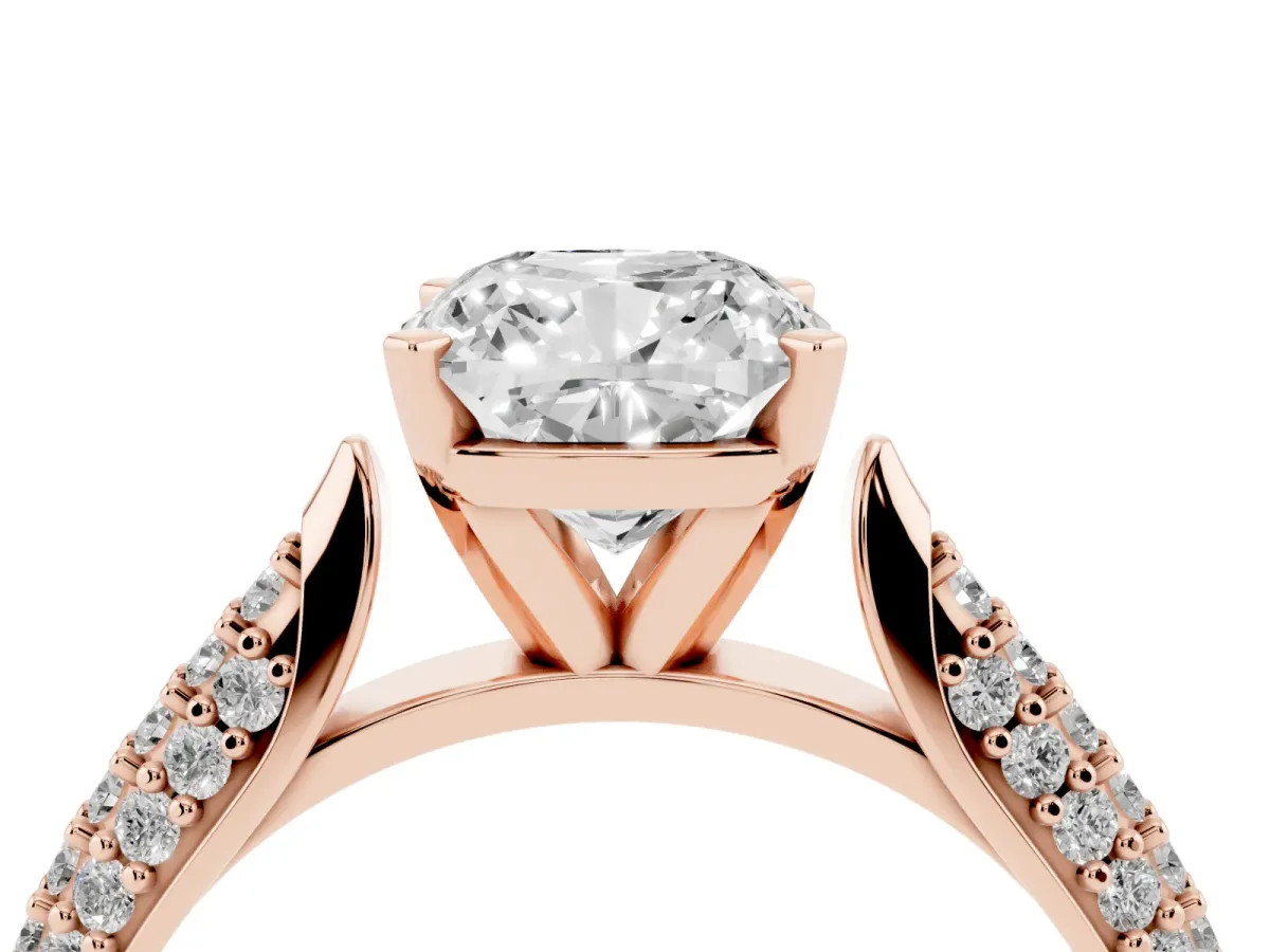 Cushion Cut Diamond Solitaire Engagement Ring with Multi-Row Round Pavé Band and Prong Setting Rose gold