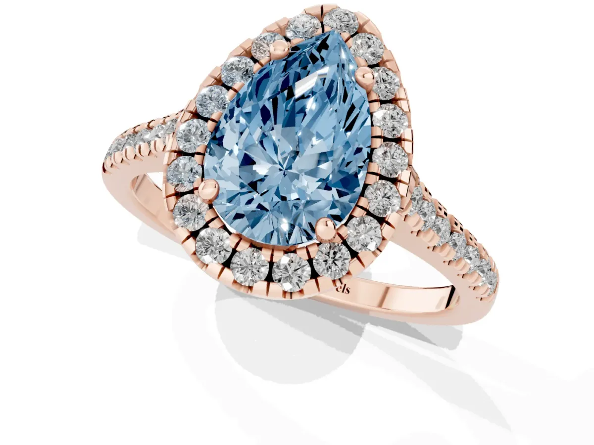 Fancy Blue Pear Cut Diamond Cushion Halo Ring with Pavé Band Rose gold