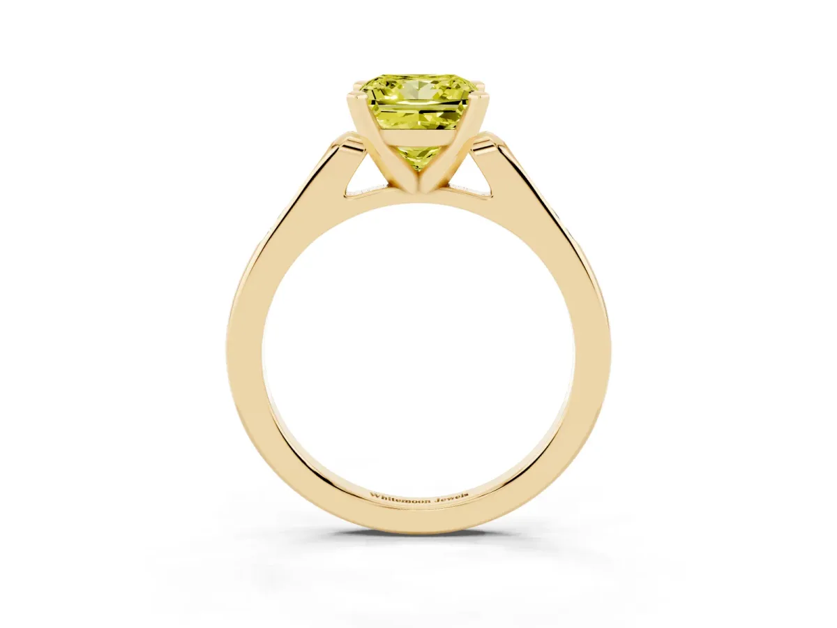 Fancy Yellow Princess Cut Diamond Solitaire Ring with Channel Set Round Band and Prong Setting Yellow gold