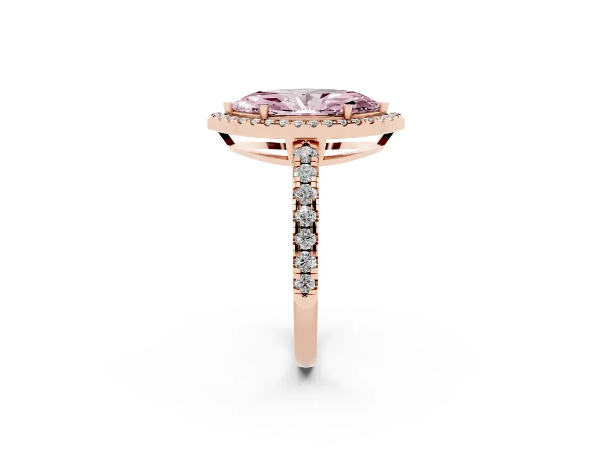 Fancy Pink Marquise Cut Diamond Halo Ring with Pavé Band and Four-Prong Setting Rose gold
