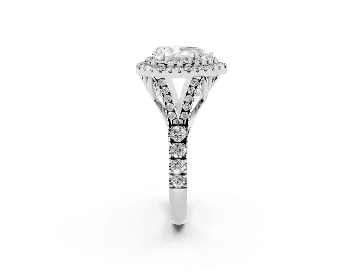 Pear Cut Diamond Pavé Split Shank Double Halo Engagement Ring Silver