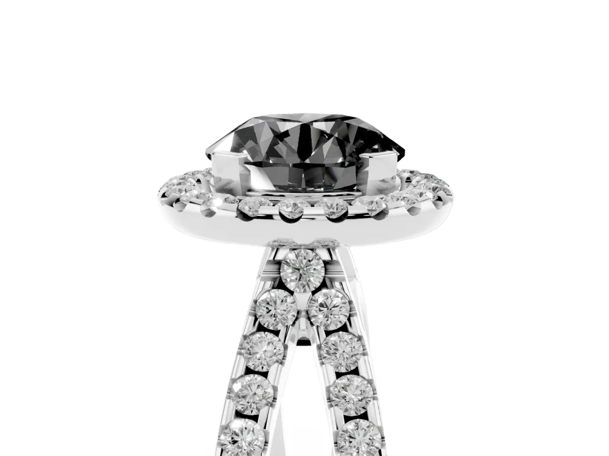 Fancy Black Round Cut Diamond Halo Ring with Split Shank Pavé Band and Prong Setting Silver