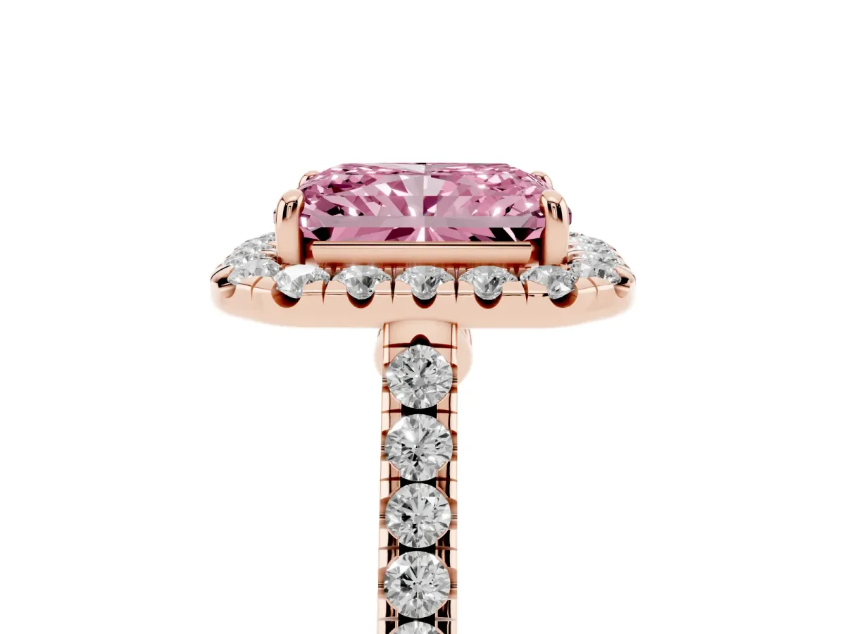 Fancy Pink Radiant Cut Halo Pave Diamond Engagement Ring with Four-Prong Setting Rose gold