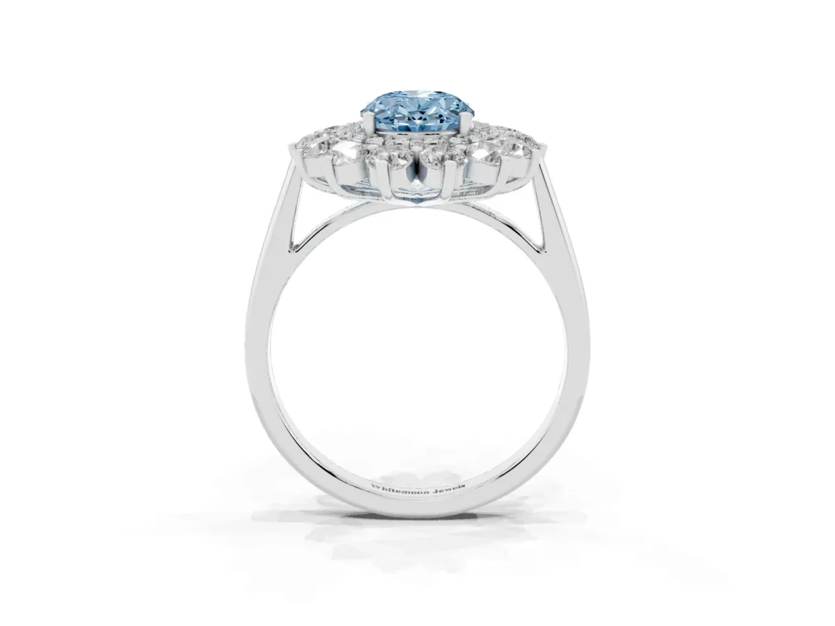 Fancy Blue Oval Cut Diamond Floral Double Halo Engagement Ring with Prong Setting Silver