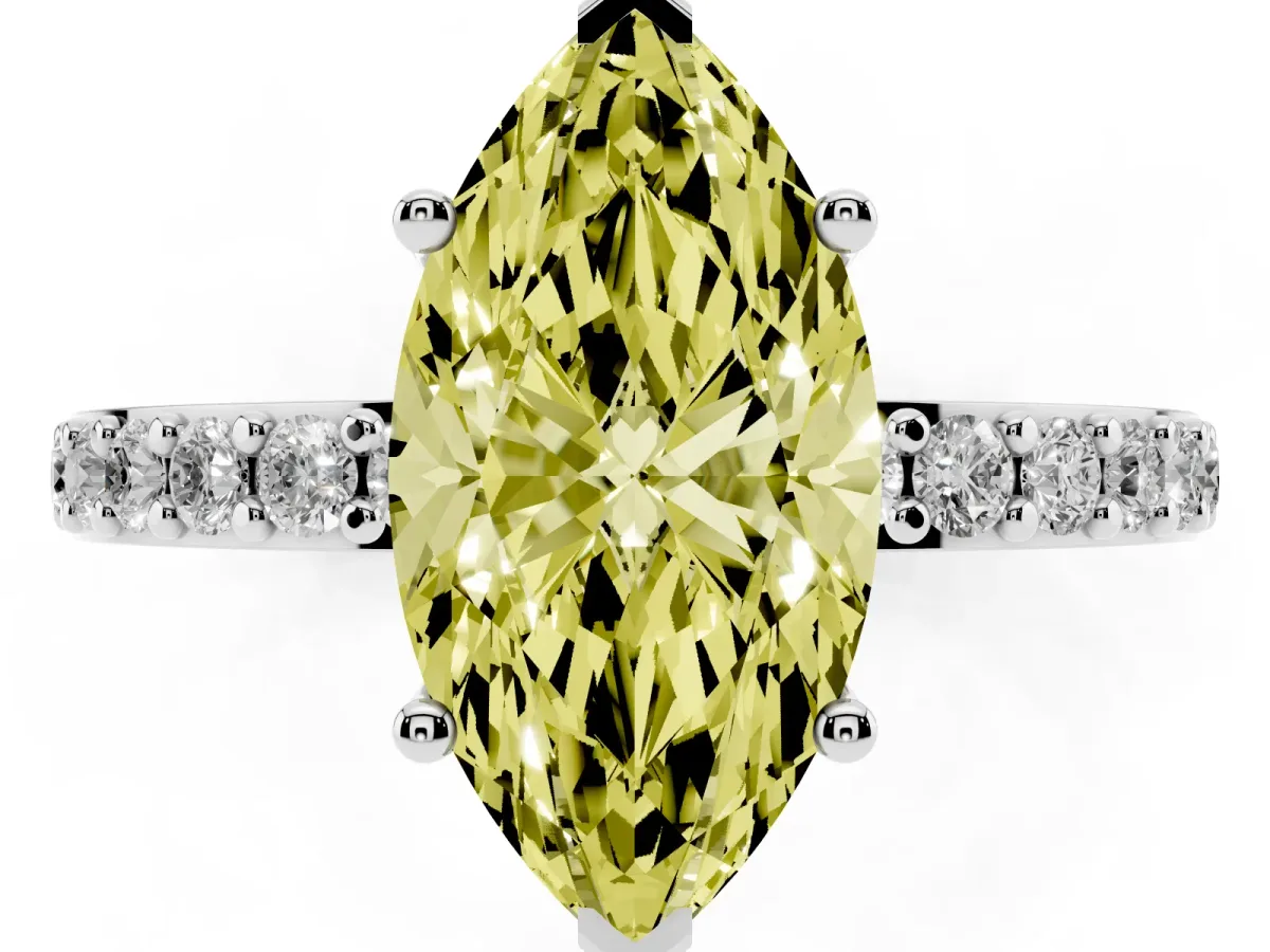Fancy Yellow Marquise Cut Cut Diamond Solitaire with Pave Band and Four-Prong Setting Silver