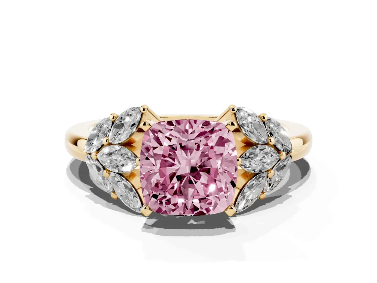 Fancy Pink Cushion Cut Diamond Cluster Leaf Design Ring with Prong Setting Yellow gold
