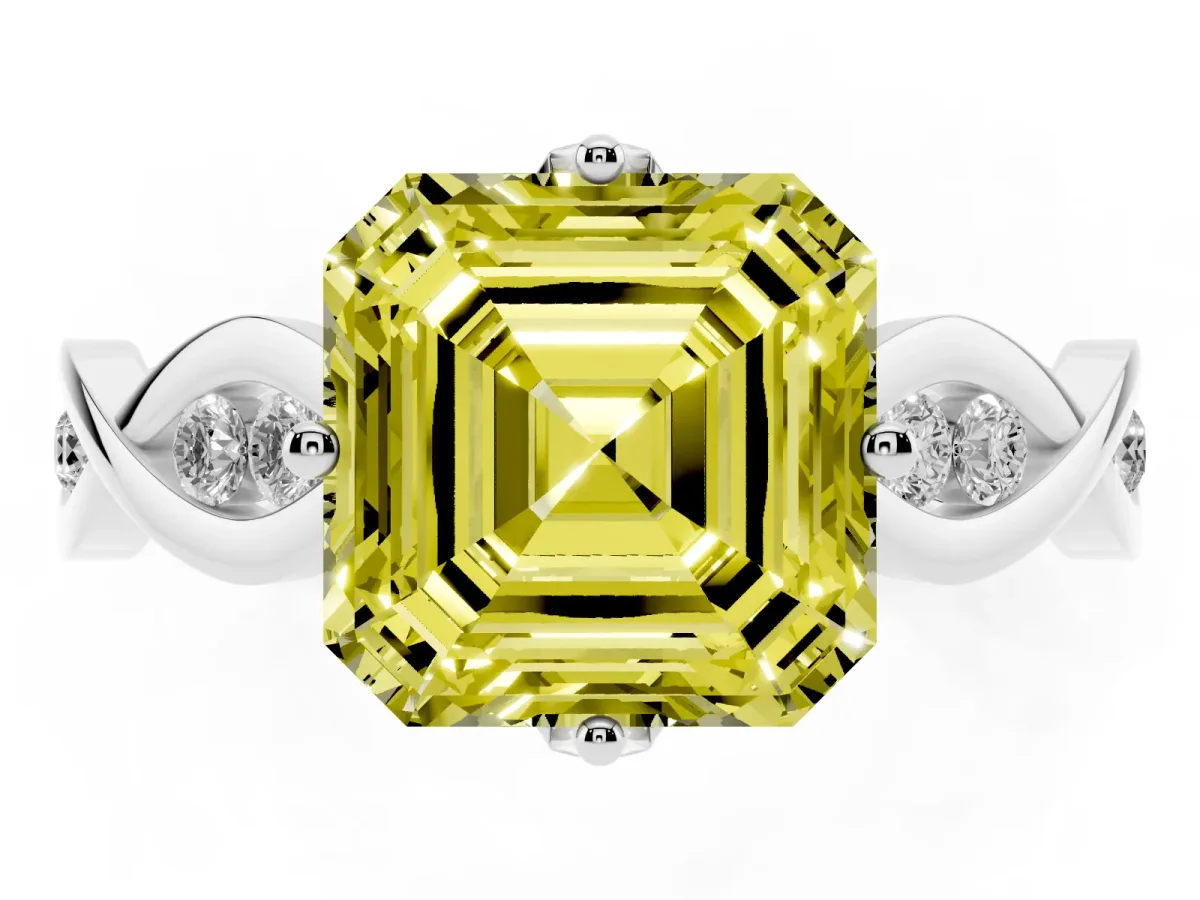 Fancy Yellow Asscher Cut Solitaire Twist Band with Leaf Prong Setting Silver