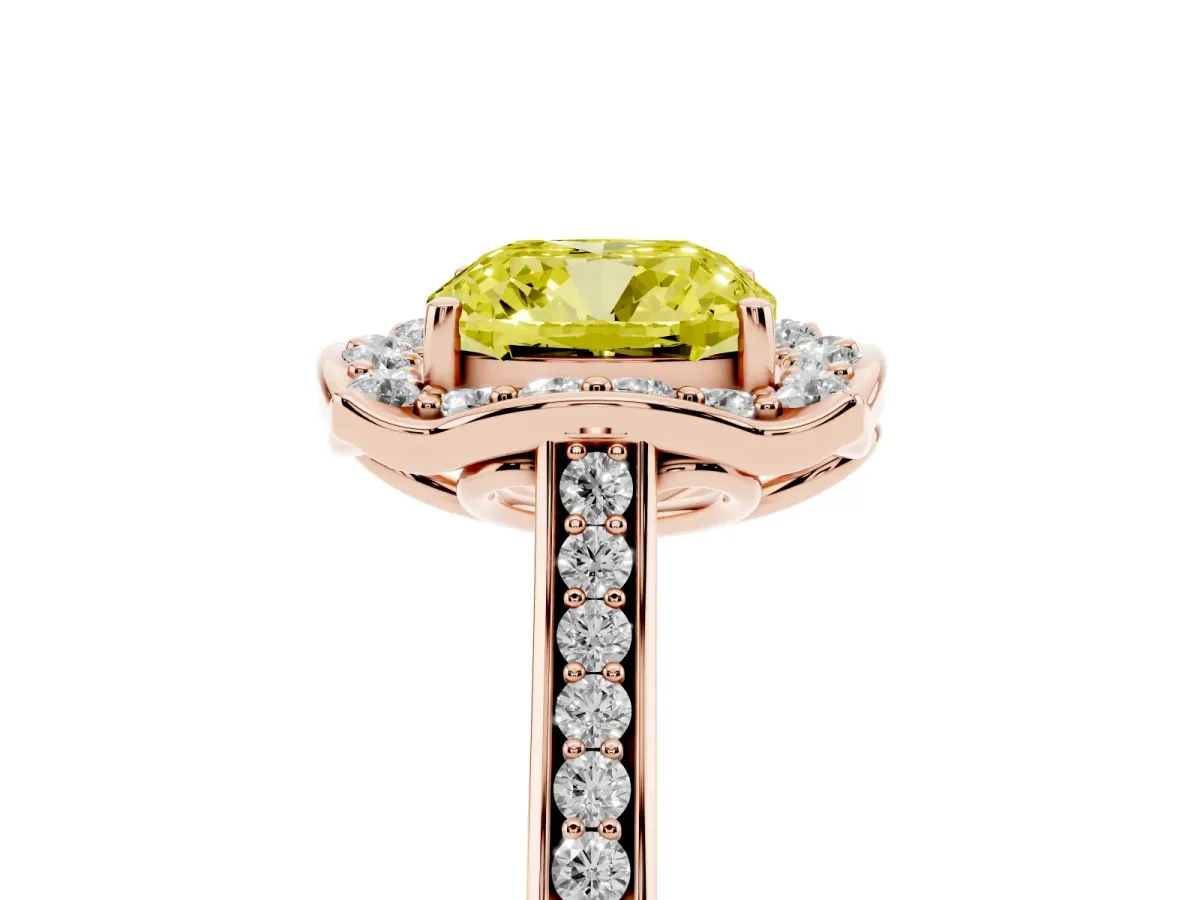 Fancy Yellow Cushion Cut Halo Round Diamond Pave Band with Four-Prong Setting Rose gold