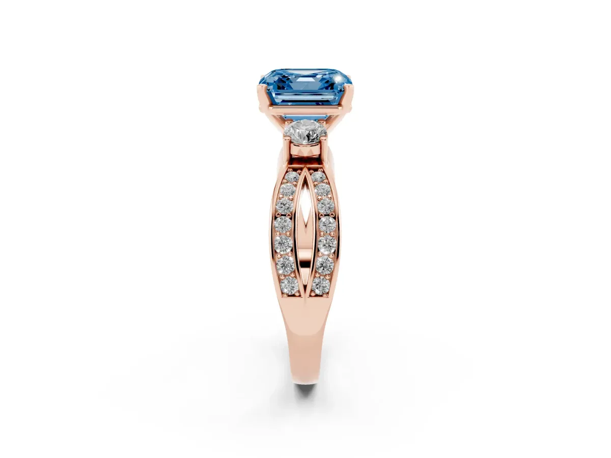 Fancy Blue Three-Stone Asscher Cut Cut Diamond Twist Band with Prong Setting Rose gold
