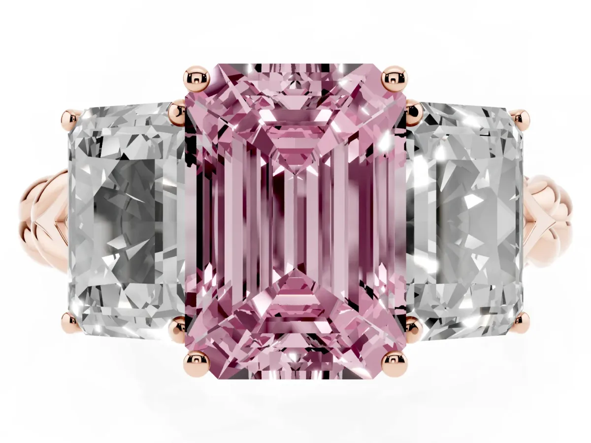Fancy Pink Three-Stone Radiant Cut Diamond Braided Band Ring with Four-Prong Setting Rose gold