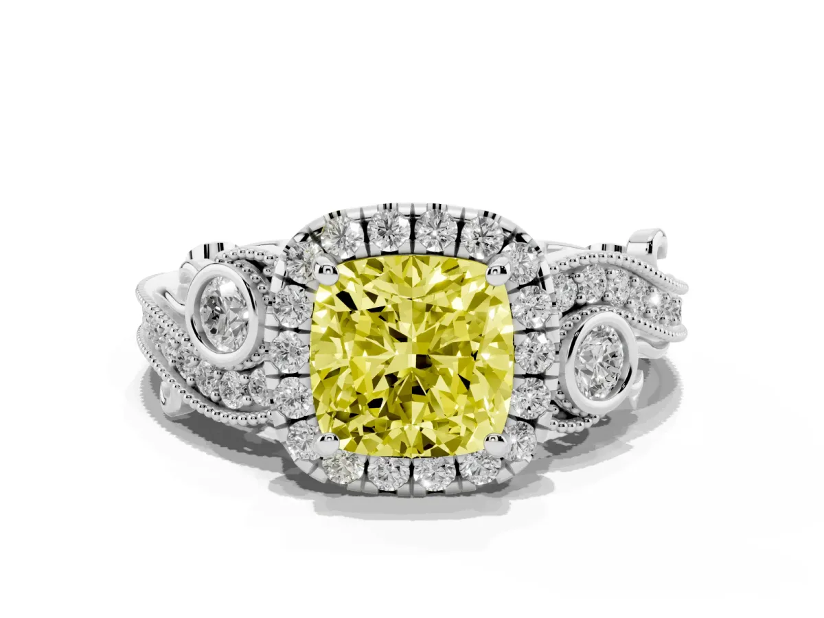 Fancy Yellow Cushion Cut Diamond Halo Ring with Milgrain Pavé Band and Four-Prong Setting Silver