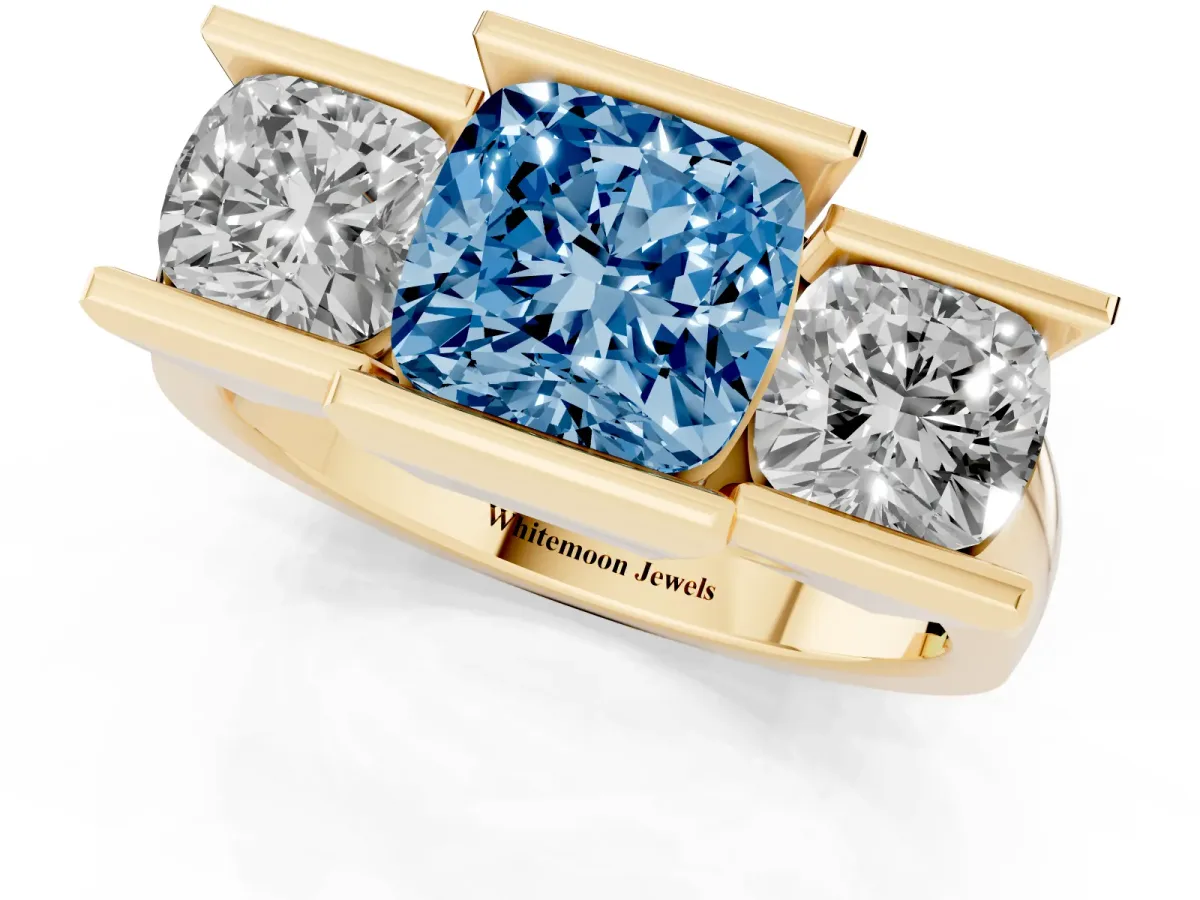 Fancy Blue Three Stone Cushion Cut Cut Channel Set Diamond Ring Yellow gold