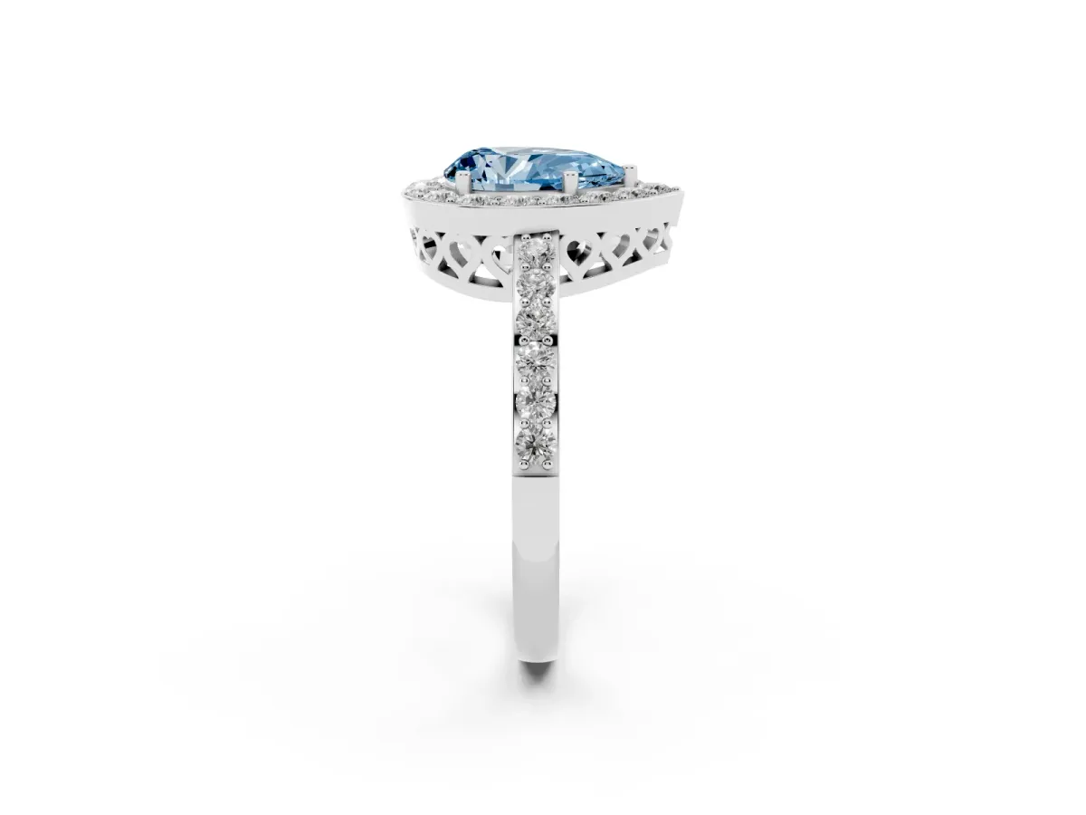 Fancy Blue Pear Cut Halo Diamond Pavé Band Ring with Prong Setting Platinum