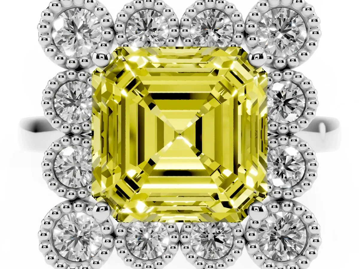 Fancy Yellow Asscher Cut Halo Diamond Cluster Engagement Ring with Milgrain Bezel Setting and Solitaire Band Silver
