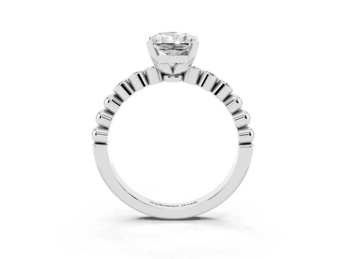 Radiant Cut Solitaire Bezel Accent Diamond Engagement Ring with Beaded Band and Four-Prong Setting Silver