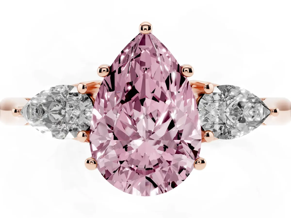 Fancy Pink Pear Cut Diamond Three-Stone Ring with Pear Side Stones and Prong Setting Rose gold