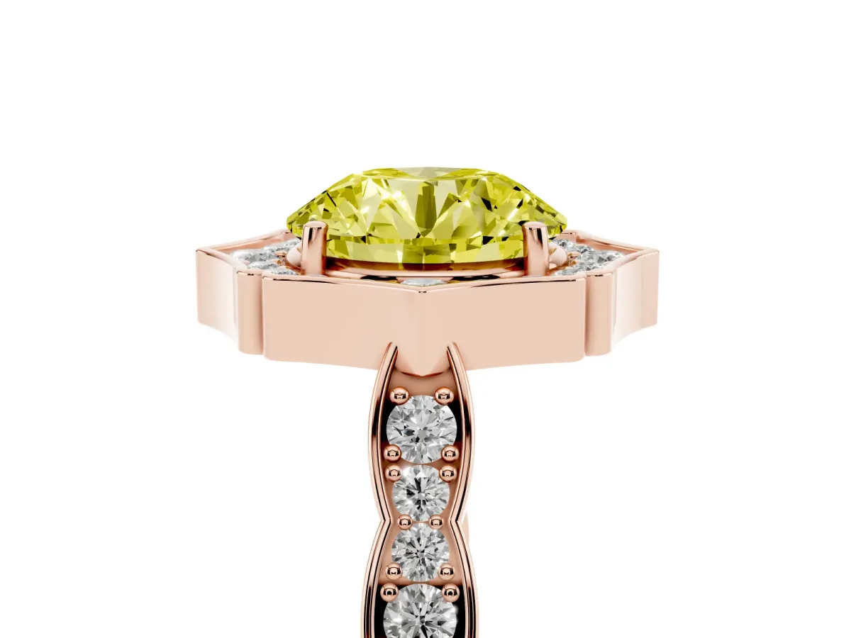 Fancy Yellow Round Cut Halo Diamond Engagement Ring with Milgrain Band and Four-Prong Setting Rose gold
