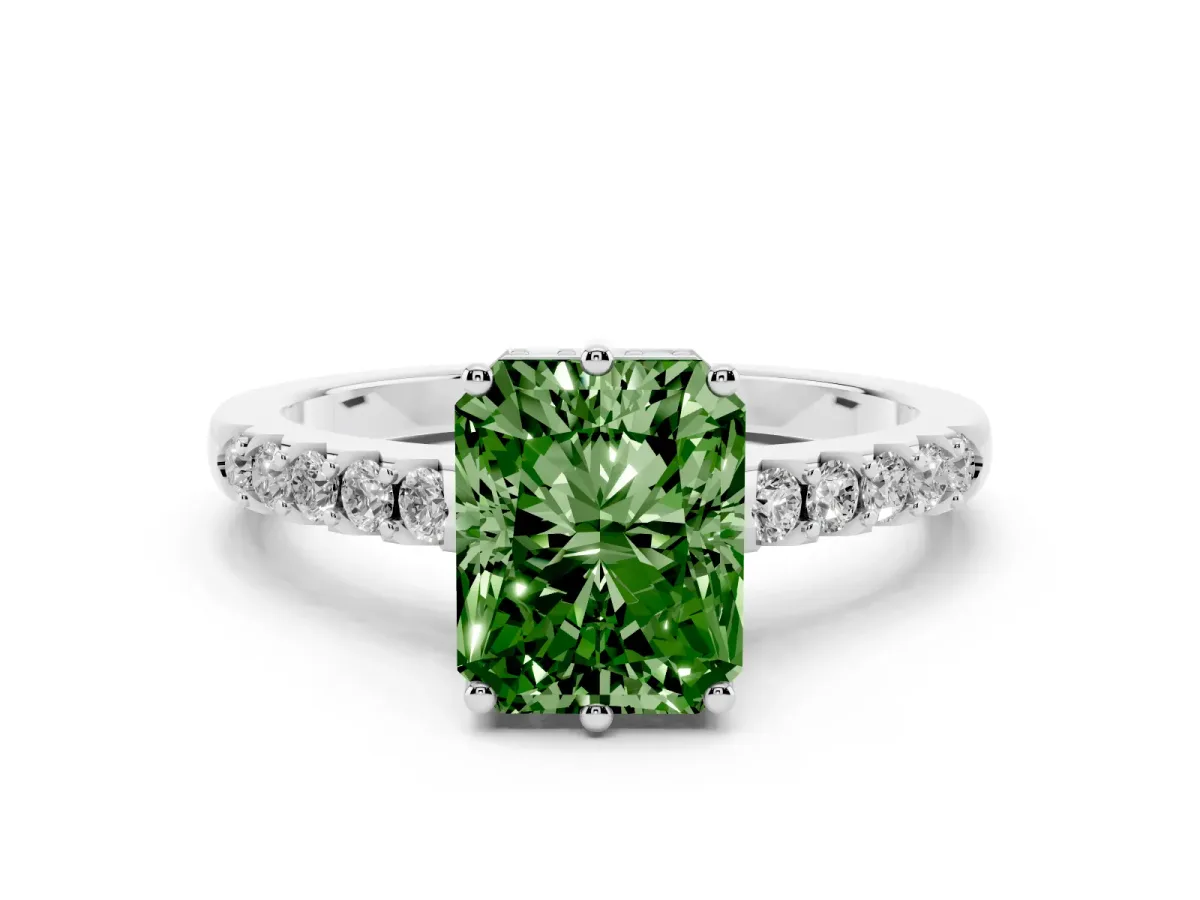 Fancy Green Radiant Cut Solitaire Diamond Engagement Ring with Pavé Band and Six-Prong Setting Platinum