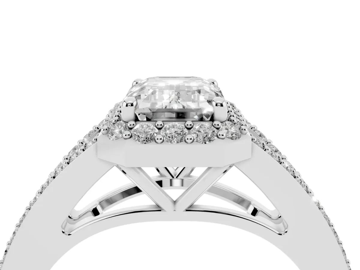 Emerald Cut Halo Split Shank Pave Diamond Ring with Four-Prong Setting Silver