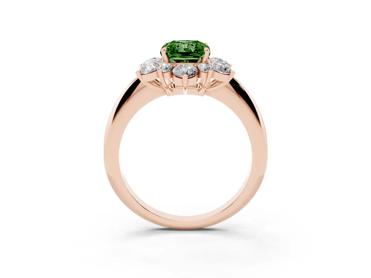 Fancy Green Radiant Cut Diamond Cluster Halo Ring with Solitaire Band and Four-Prong Setting Rose gold