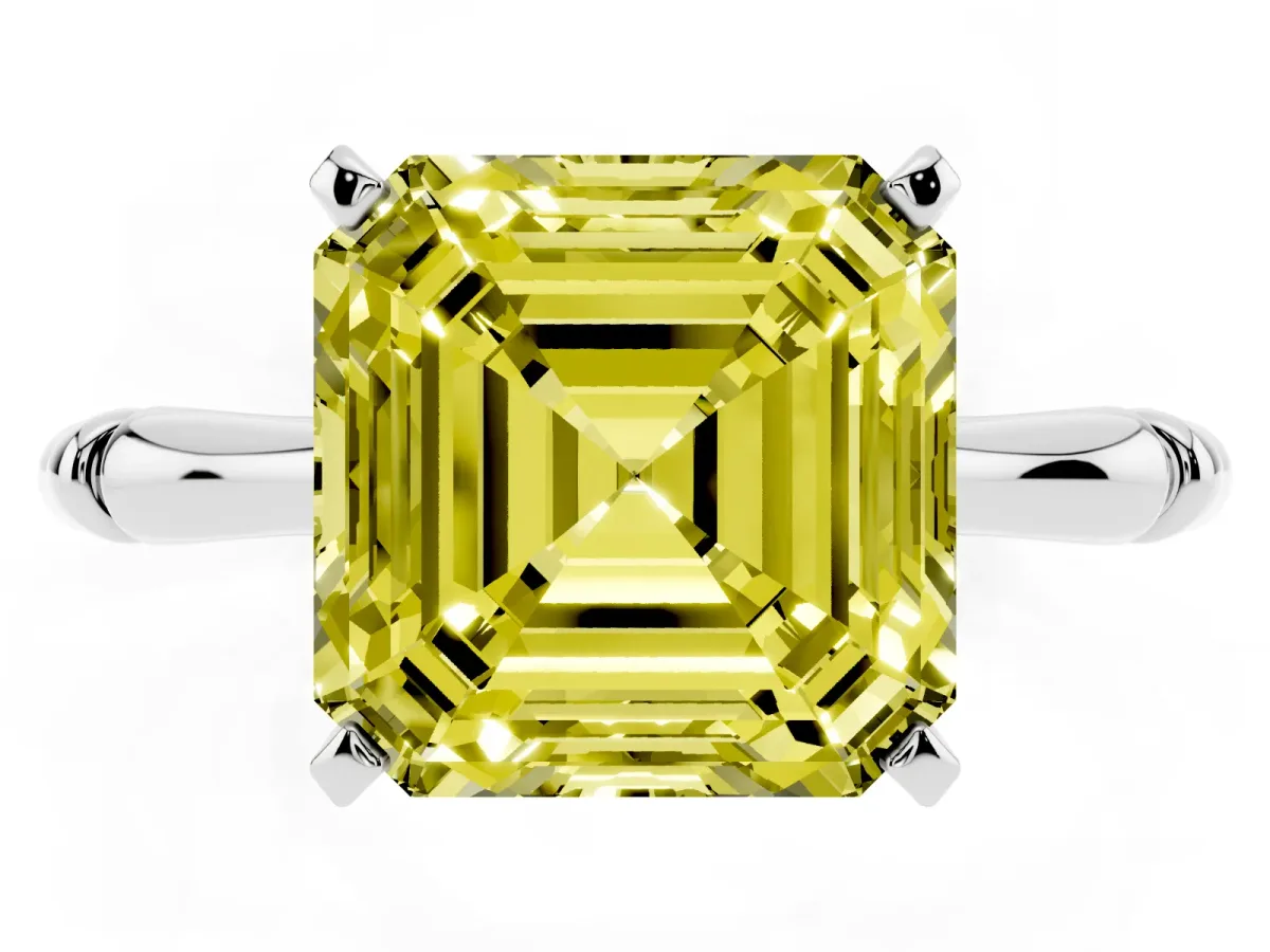 Fancy Yellow Asscher Cut Solitaire Diamond Ring with Bamboo Band and Four-Prong Setting Platinum