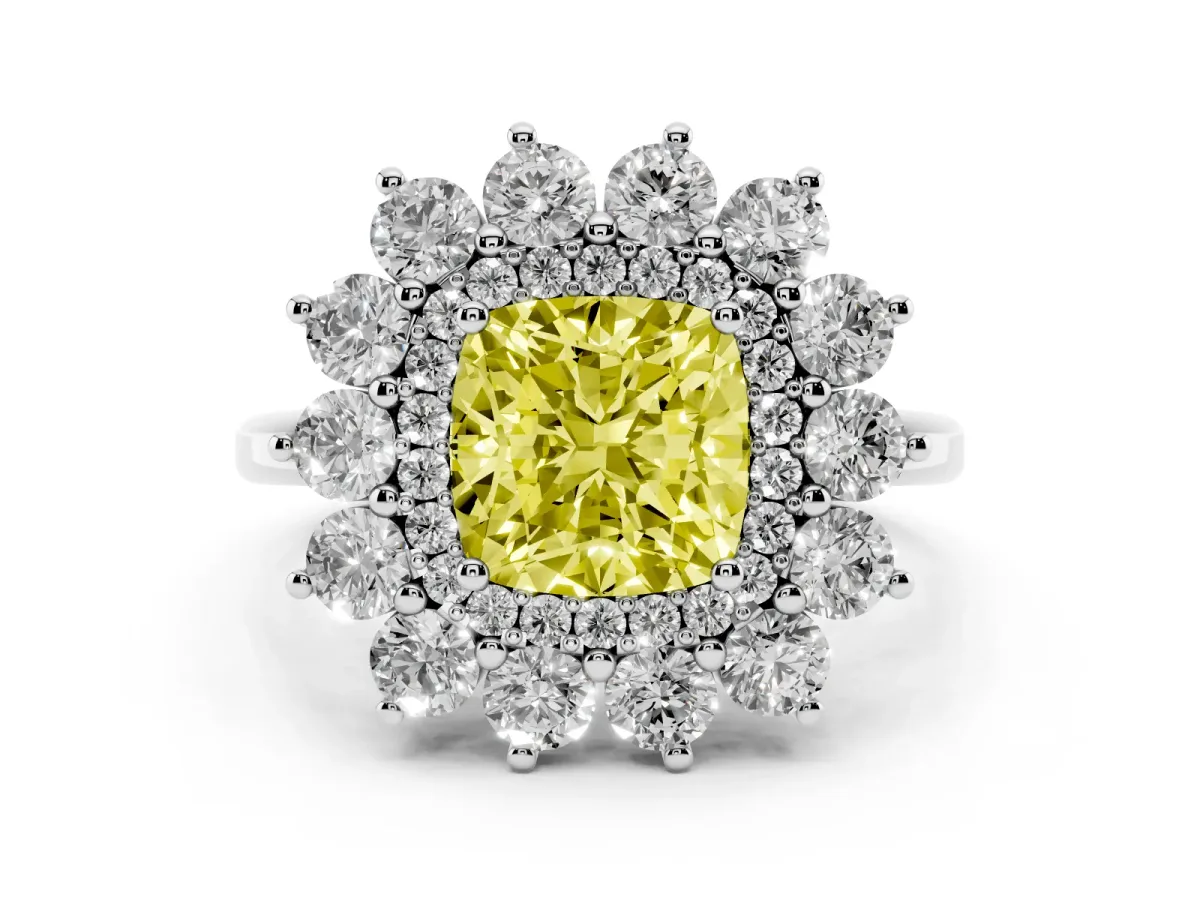 Fancy Yellow Cushion Cut Diamond Floral Double Halo Engagement Ring with Prong Setting White gold