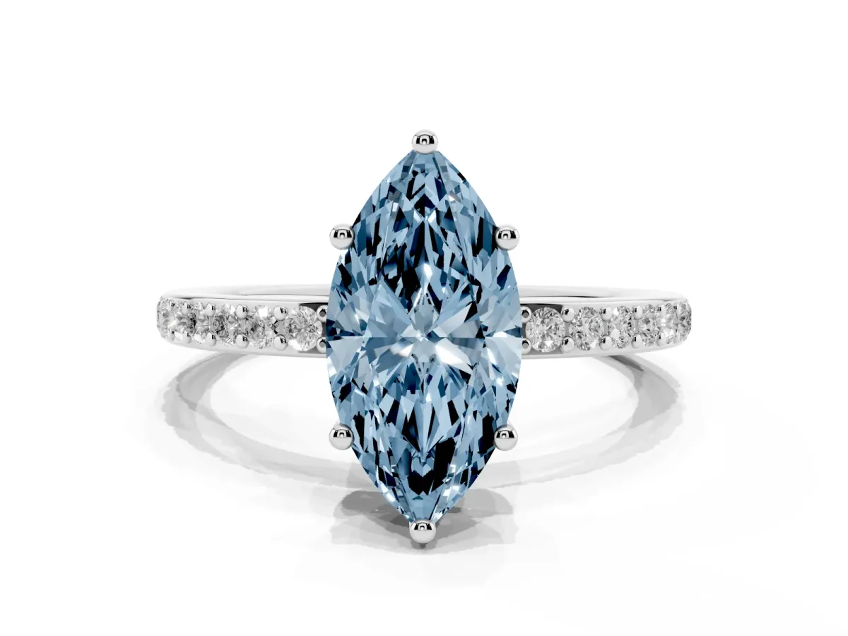Fancy Blue Marquise Cut Cut Diamond Pavé Band Ring with Four-Prong Setting Platinum