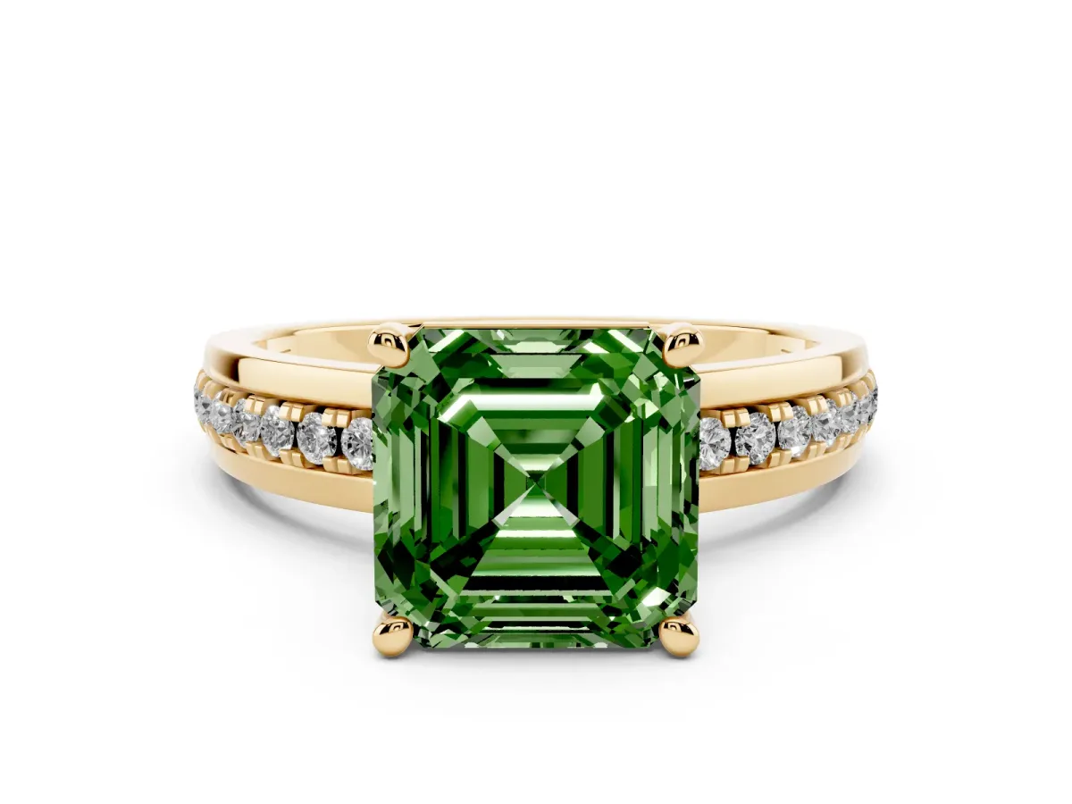 Fancy Green Asscher Cut Solitaire Diamond Ring with Channel Set Band and Six-Prong Setting Yellow gold