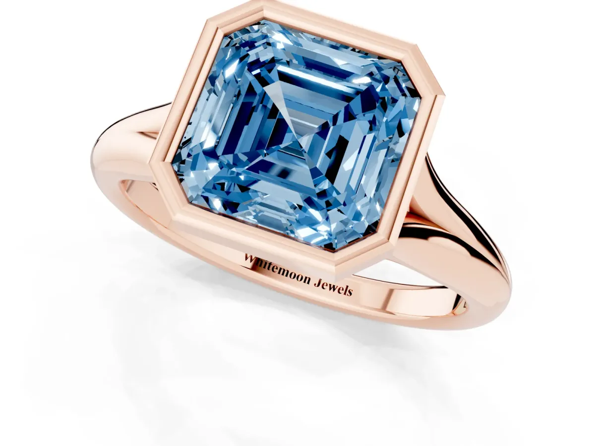 Fancy Blue Bezel Set Asscher Cut Solitaire Diamond Ring with Smooth Band Rose gold